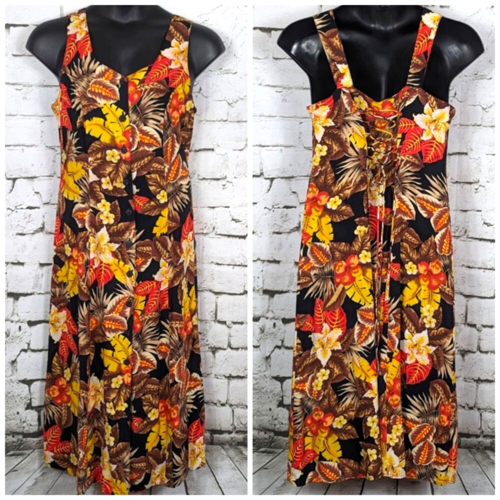 VINTAGE BOULEVARD DE PARIS Boho Button-Front Floral Maxi Dress Lace-Up Large